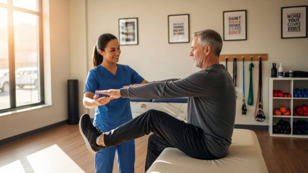Physical therapist guiding older adult patient through hip replacement recovery at Intecore Physical Therapy in Bremerton Washington