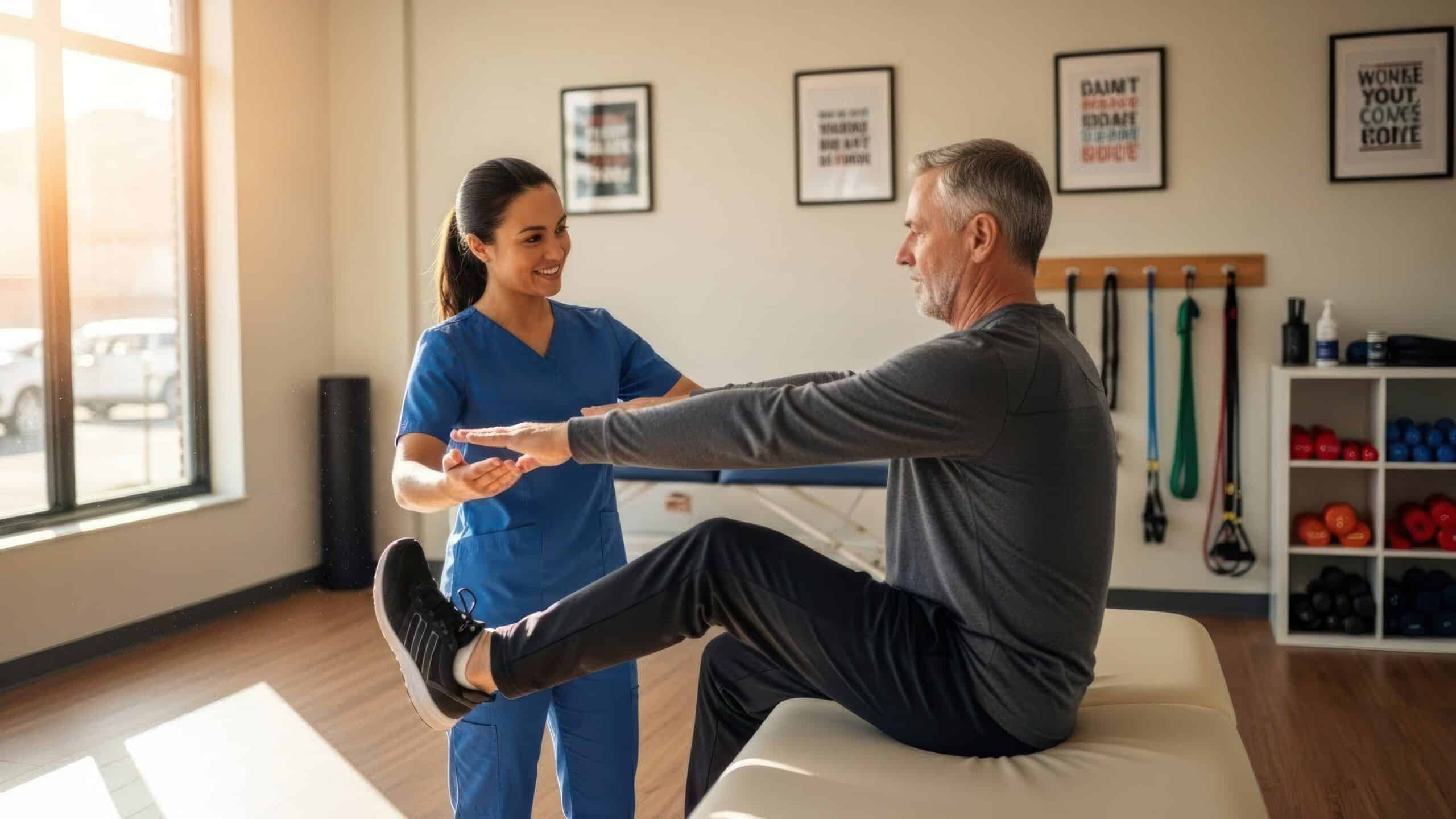 Physical therapist guiding older adult patient through hip replacement recovery at Intecore Physical Therapy in Bremerton Washington