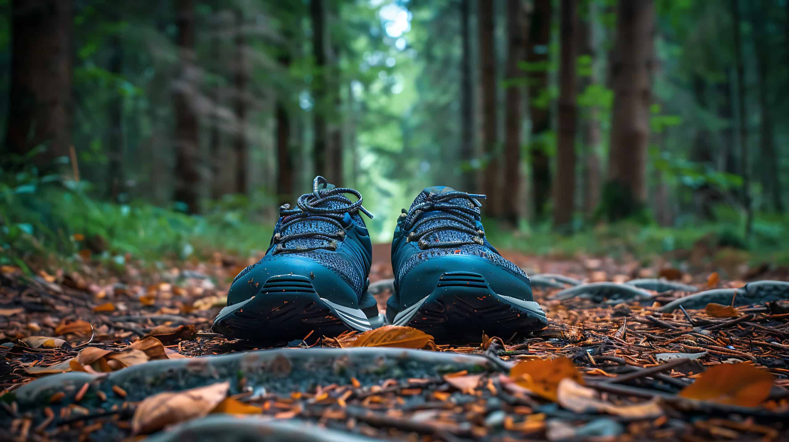 a pair of blue shoes on a trail in the woods