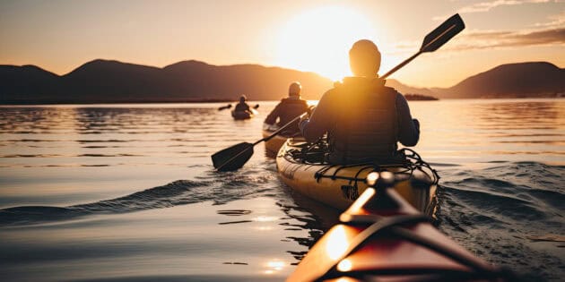 people kayaking and paddling on a lake